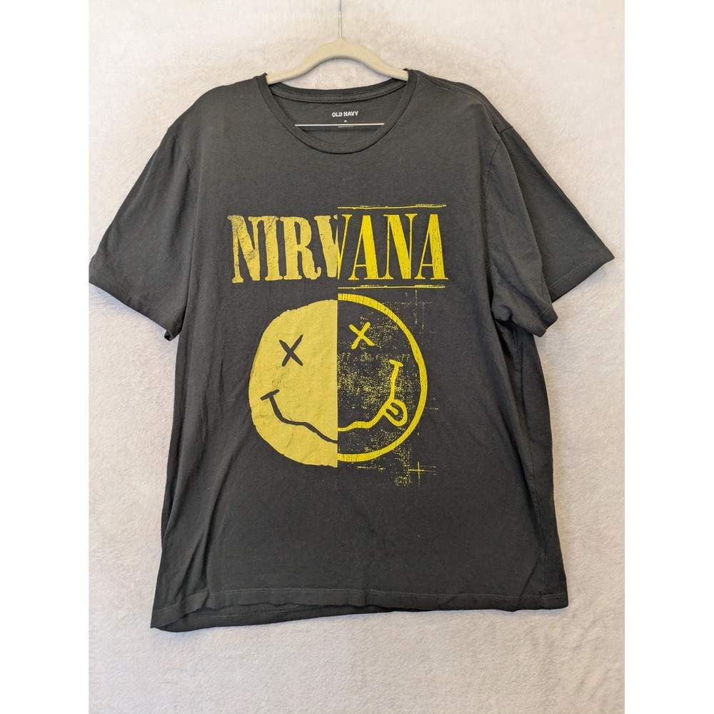 Old Navy T-Shirt Men's XL Charcoal Nirvana Graphic Smiley‎ Face Grunge Band Tee